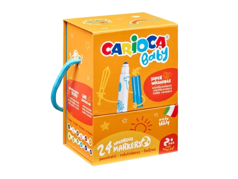 Carioca Baby Caja Rigida con 24 Rotuladores - Punta Redonda y Bloqueada para la Maxima Seguridad - Superlavables - Dermatologicamente Testados - Colores Surtidos
