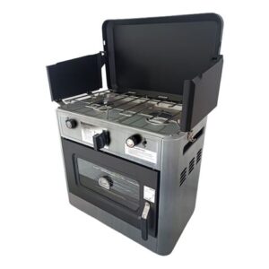 Muvip Cocina de Gas con 2 Fuegos - Tapa Protectora - Horno de 15 Litros - Sistema de Seguridad - Pantalla Paraviento - 49x34x45.5cm - Color Acero
