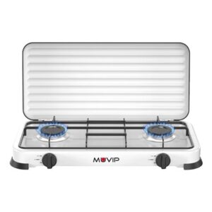Muvip Vulcano Cocina de Gas con 2 Fuegos - Tapa Protectora - Patas de Goma - Superficie Esmaltada - Quemador Extraible - 57.7x27.8x5.3cm - Color Blanco