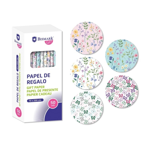 Bismark Naturaleza Rollo de Papel Regalo - Medidas 70cmx200cm - 5 Diseños Diferentes - 10 Rollos por Diseño