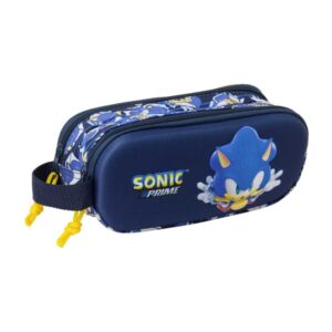 Safta Sonic Estuche Portatodo 3D - 2 Compartimentos - Cierre de Cremallera - Asa de Mano - 21x8x6cm - Color Azul Marino