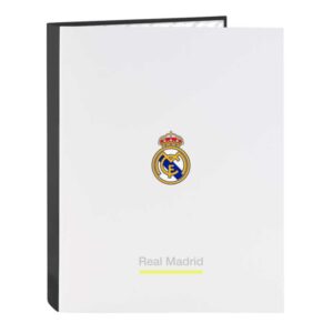 Safta Real Madrid Carpeta de 4 Anillas - Tapas Duras Forradas - Lomo de 40mm - Formato Folio - 26.5x33x4cm - Color Blanco y Negro