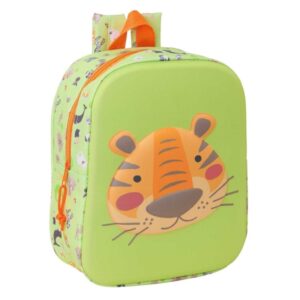 Safta Tiger Mochila Guarderia 3D de 6L - Asa de Mano Superior - Asas Regulables y Acolchadas - Cierre de Cremallera - 22x27x10cm - Color Verde Claro