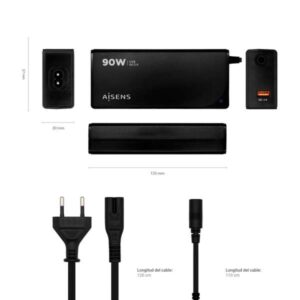 Aisens Cargador 90W Automatico Universal Multitension para Portatil con 12 Conectores + USB-A QC.3.0 - Color Negro - Imagen 2