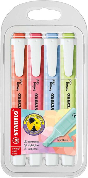 Stabilo Swing Cool Pastel Pack de 4 Marcadores Fluorescentes - Cuerpo Plano - Punta Biselada - Trazo entre 1 y 4mm - Tinta con Base de Agua - Colores Surtidos