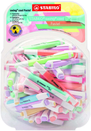 Stabilo Swing Cool Pastel Expositor de 100 Marcadores Fluorescentes - Cuerpo Plano - Punta Biselada - Trazo entre 1 y 4mm - Tinta con Base de Agua - Colores Surtidos