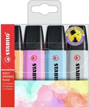 Stabilo Boss 70 Pastel Pack de 4 Marcadores Fluorescentes - Trazo entre 2 y 5mm - Recargable - Tinta con Base de Agua - Colores Surtidos