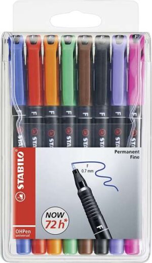 Stabilo OHPen Pack de 8 Rotuladores Permanentes - Punta Fina - Trazo de 0.7mm - Agarre Antideslizante - Tapon Ventilado - Colores Surtidos