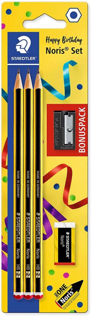 Staedtler Noris 120 Pack de 3 Lapices de Grafito Hexagonales + Goma de Borrar + Sacapuntas - Mina HB Ultrarresistente de 2mm - Madera de Bosques Sostenibles