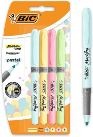 Bic Highlighter Grip Pack de 4 Marcadores Fluorescentes Pastel - Tinta con Base de Agua - Punta Biselada - Trazo entre 1.60 y 3.30mm - Colores Surtidos