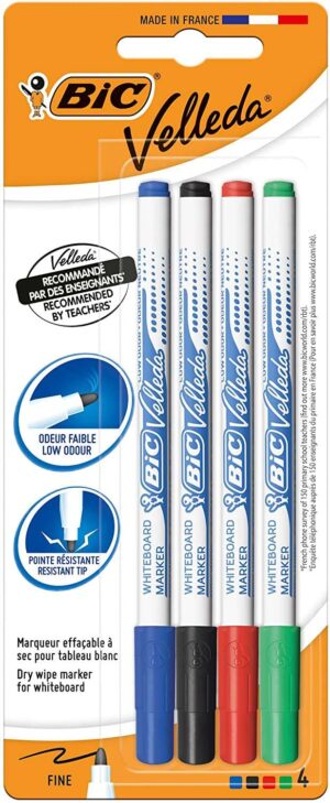 Bic Velleda 1721 Pack de 4 Rotuladores para Pizarra - Punta Fina - Trazo de 1.6mm - Borrado Optimo - Colores Surtidos