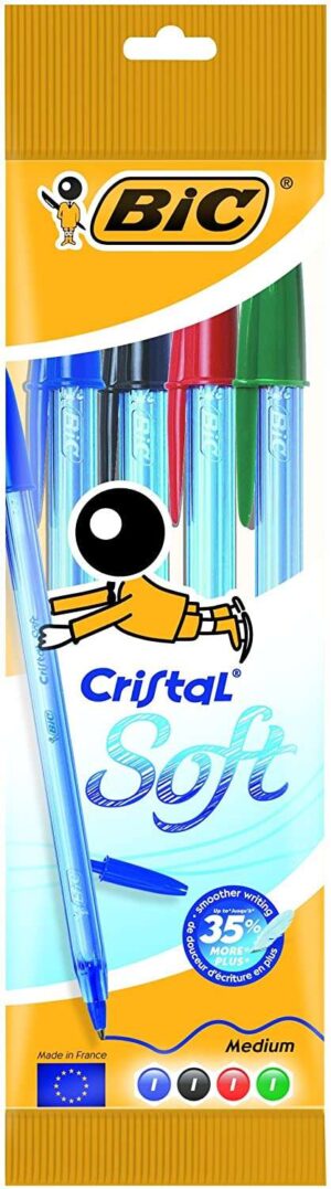 Bic Cristal Soft Pack de 4 Boligrafos de Bola - Punta Media de 1.2mm - Trazo 0.45mm - Escritura mas Fluida - Colores Surtidos