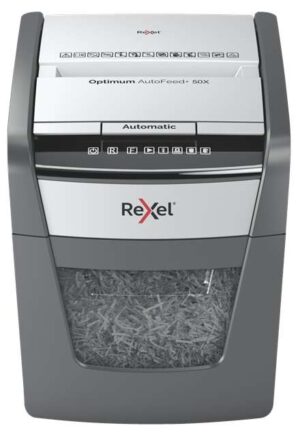 Rexel Optimum AutoFeed 50X Destructora Automatica de Corte en Particulas P-4 - Alimentacion Automatica 50 hojas y Ranura Manual 6 Hojas - Anti Atasco - Capacidad de la Papelera 20L - Color Gris/Plata