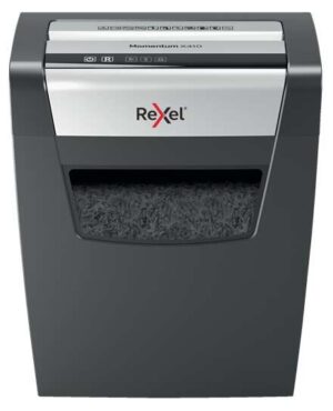 Rexel Momentum X410 Destructora de Papel Manual Corte Confeti P-4 - Destruye hasta 10 Hojas - Capacidad de la Papelera 23L - Color Negro/Plata