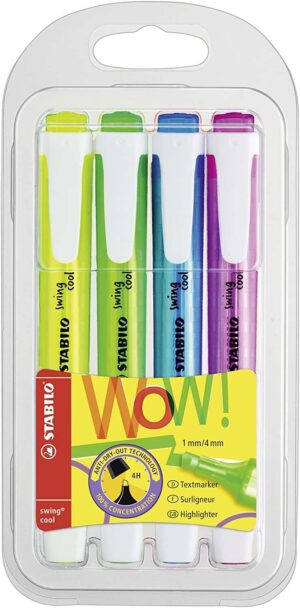 Stabilo Swing Cool Pack de 4 Marcadores Fluorescentes - Cuerpo Plano - Punta Biselada - Trazo entre 1 y 4mm - Tinta con Base de Agua - Antisecado - Colores Surtidos