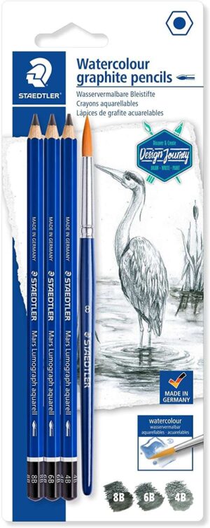 Staedtler Mars Lumograph Aquarell 100A Pack de 3 Lapices de Grafito + Pincel - Resistencia a la Rotura - Graduaciones Surtidas