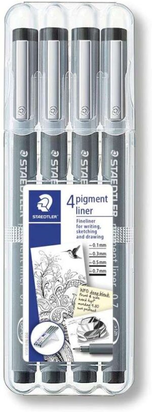 Staedtler Pigment Liner 308 Pack de 4 Rotuladores de Punta Fina - Punta Larga - Secado Rapido - Color Negro