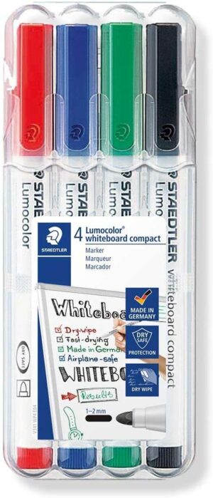 Staedtler Lumocolor Whiteboard Compact 341 Pack de 4 Marcadores para Pizarra - Secado Rapido - Colores Surtidos