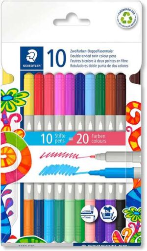 Staedtler Noris 3280 Pack de 10 Rotuladores con Doble Punta - Trazos 1mm y 3mm Aprox - Colores Surtidos