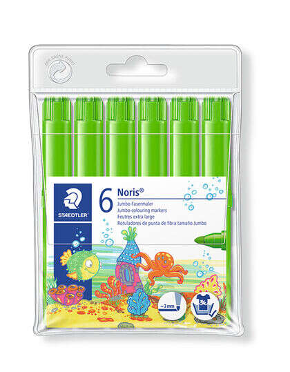 Staedtler Noris Watercolour 340 Pack de 6 Rotuladores de Gran Tamaño - Trazo 3mm Aprox - Lavable Facilmente - Tinta Base de Agua - Color Verde Claro