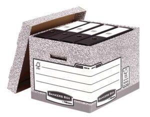 Fellowes Bankers Box Contenedor de Archivos - Montaje Automatico Fastfold - Carton Reciclado Certificacion FSC - Color Gris