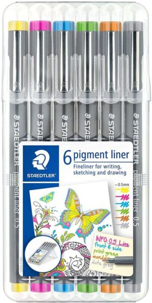 Staedtler Pigment Liner 308 Pack de 6 Rotuladores Calibrados - Trazo 0.5mm - Secado Rapido - Colores Surtidos
