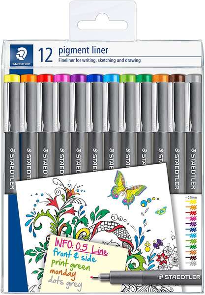Staedtler Pigment Liner 308 Pack de 12 Rotuladores Calibrados - Trazo 0.5mm - Secado Rapido - Colores Surtidos