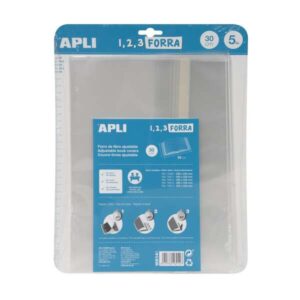 Apli Pack de 5 Forros para Libros 300mm de Polipropileno 75 micras - Solapa Autoajustable - Facil Forrado en 3 Pasos - Sin Necesidad de Cortar ni Usar Cinta Adhesiva - Transparente