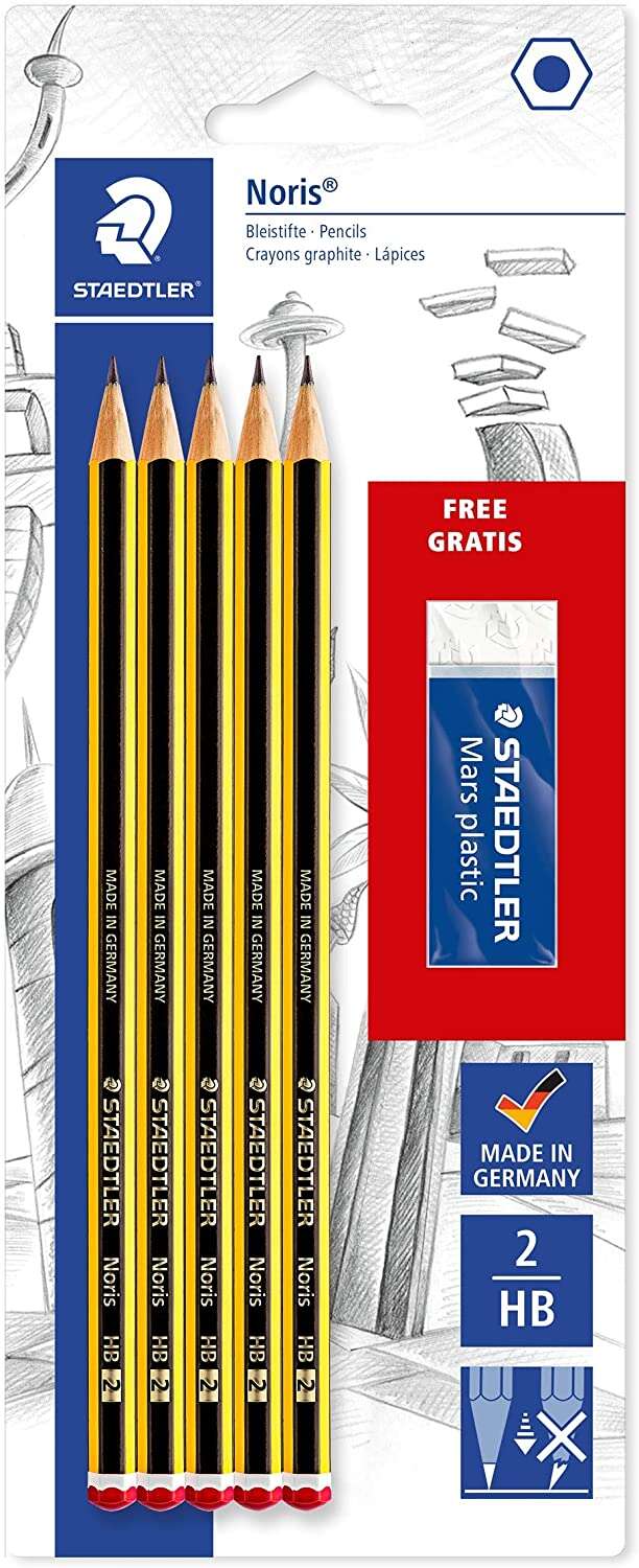 Staedtler Noris 120 Pack de 5 Lapices de Grafito Hexagonales 2HB + 1 Goma de Borrar Mars Plastic - Madera de Bosques Sostenibles