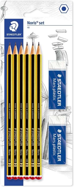 Staedtler Noris 120 Pack de 6 Lapices de Grafito Hexagonales 2HB + 2 Gomas de Borrar Mars Plastic - Madera de Bosques Sostenibles