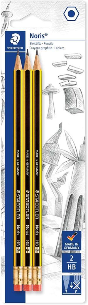 Staedtler Noris 122 Pack de 3 Lapices de Grafito Hexagonales 2HB con Goma - Resistencia a la Rotura - Madera de Bosques Sostenibles