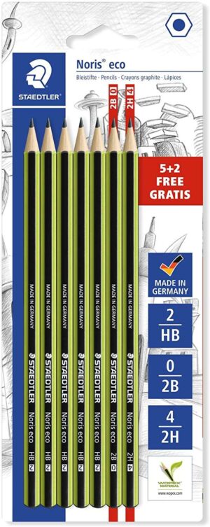 Staedtler Noris Eco Pack de 7 Lapices de Grafito Hexagonales - Graduaciones Surtidas - Superficie Aterciopelada - Mina de Deslizamiento Suave - Resistencia a la Rotura -