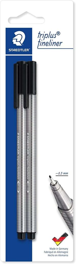 Staedtler Triplus Fineliner 334 Pack de 2 Rotuladores de Punta Fina - Trazo de 0.3mm Aprox - Diseño Ergonomico - Tinta Base de Agua - Color Negro