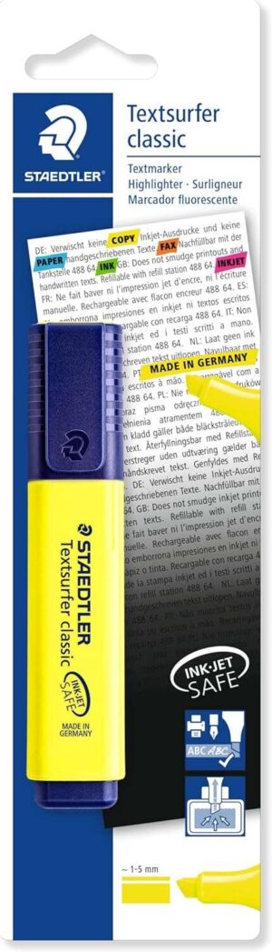 Staedtler Textsurfer Classic 364 Marcador Fluorescente - Punta Biselada 1 - 5mm Aprox - Secado Rapido - Color Amarillo Fluorescente