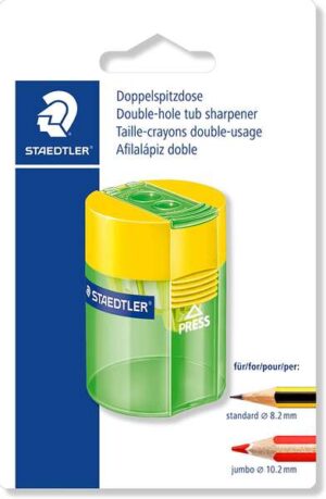 Staedtler 512 Sacapuntas de Plástico Doble Uso - Angulo de Afilado 23º y 30º - 2 Agujeros - Deposito - Colores Surtidos