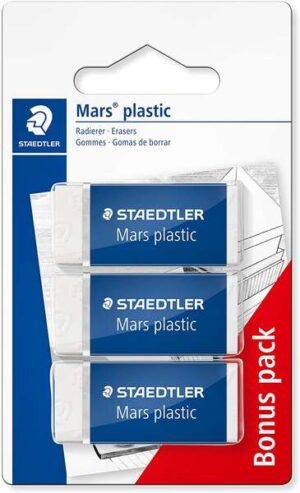 Staedtler Mars Plastic Pack de 3 Gomas de Borrar - Plastico - Alta Precision - Color Blanco