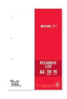Enri Plus Recambio Formato A4 - Liso 4 Taladros - 100 Hojas 90gr