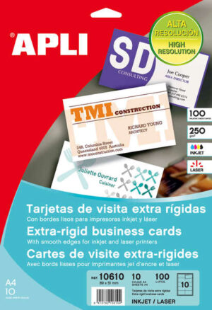 Apli Pack de 100 Tarjetas de Visita 250g - 10 Hojas por 10 Trajetas - Cantos Rectos - Color Blanco Mate