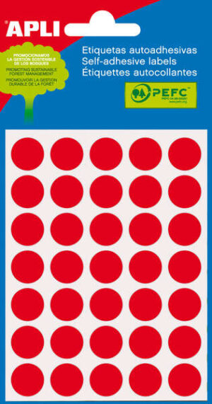 Apli Minibolsa de 175 Etiquetas Redondas Ø 13mm - 5 Hojas por 35 Etiquetas - Adhesivo Permanente - Color Rojo