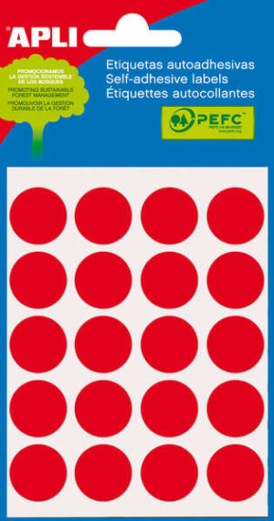 Apli Minibolsa de 100 Etiquetas Redondas Ø 19mm - 5 Hojas por 20 Etiquetas - Adhesivo Permanente - Aptas para Escritura con Lapiz, Boligrafo y Rotulador - Color Rojo