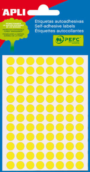 Apli Minibolsa de 288 Etiquetas Redondas Ø 8mm - 3 Hojas por 96 Etiquetas - Adhesivo Permanente - Color Amarillo Fluor