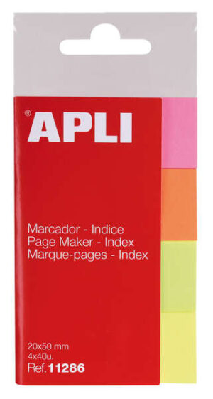 Apli Pack de 160 Indices Adhesivos de Papel 50x20mm - 40 Indices por Color - Faciles de Despegar - Organiza Tus Documentos - Colores Amarillo, Rosa, Naranja y Verde