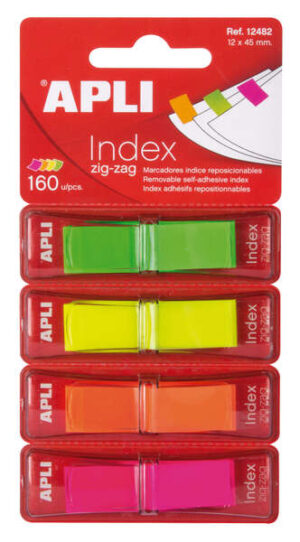 Apli Indices Adhesivos Film Zigzag 45x12mm 4 Dispensadores de 40 Indices - Faciles de Aplicar - Resistentes - Removibles - Colores Fluorescentes - Multicolor