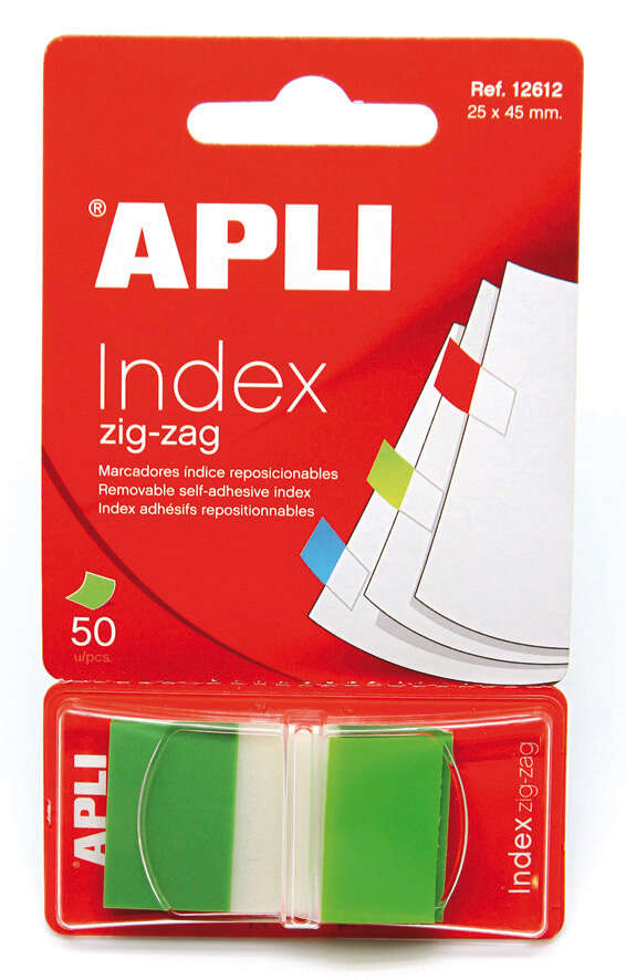 Apli Indices Adhesivos Film Zigzag 45x25mm - Dispensador de 50 Indices - Adhesivo de Calidad - Facil de Despegar - Diseño Zigzag - Verdes