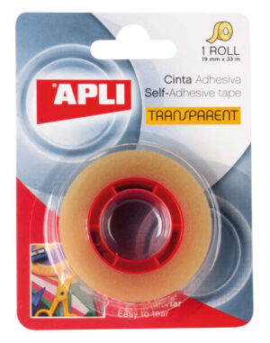 Apli Cinta Adhesiva Transparente 19mm x 33m - Resistente al Agua y a la Humedad - Facil de Cortar con las Manos - Ideal para Uso en Oficina y Hogar Transparente
