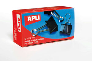 Apli Pack de 12 Pinzas Abatibles 15x32mm - Clips de Acero Templado en Negro - Asas en Acabado Niquel - Sujecion Optima hasta 120 Hojas