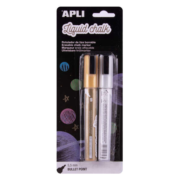 Apli Rotulador de Tiza Liquida Metalizado - Punta Redonda de 5.5mm - Ideal para Pizarras, Plastico, Ventanas, Ceramica, Vinilos, Metal, Etc, - Facil de Borrar - Secado Rapido - Uso Sencillo