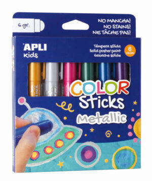 Apli Color Sticks Temperas Solidas - Pack de 6 Unidades de 6g en Colores Metalizados - Acabado Satinado sin Necesidad de Barniz - Secado Rapido en Menos de 3 Minutos - Efecto Cera o Tempera Segun la Presion Ejercida