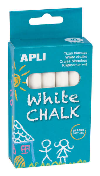 Apli Pack de 10 Tizas Blancas Redondas - Tamaño Ø 9 x 80mm - Bajo en Residuo y sin Polvo - Ideal para Escribir, Dibujar y Colorear en Pizarras y Pavimentos - Uso Escolar