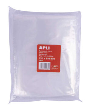 Apli Pack de 100 Bolsas Zip Auto Cierre Transparentes 220x310mm - Material LDPE - Cierre Seguro y Facil Manipulacion - Aptas para Uso Alimenticio